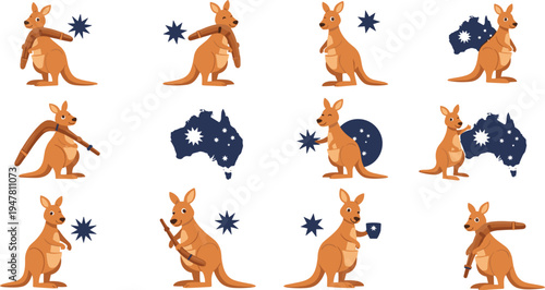 Set of twelve cartoon kangaroo illustrations with Australian cultural symbols including boomerang, continent and decorative patterns for vector design projects
