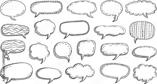 Hand-drawn Speech Bubble Set with Different Shapes, Patterns, and Doodle Designs for Comic and Graphic Projects