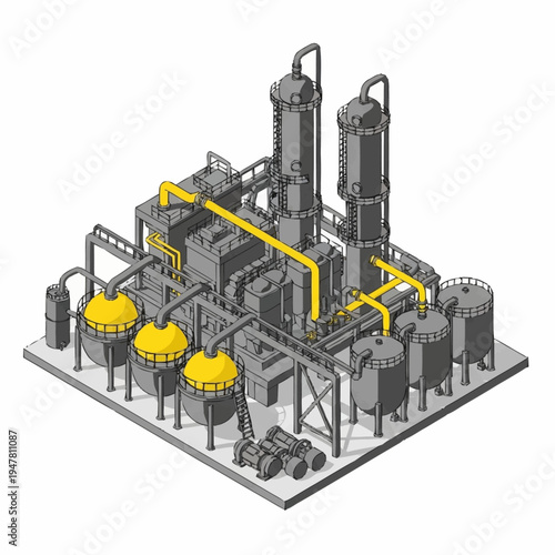 Isometric illustration of a chemical plant with tanks, pipes, and processing units.