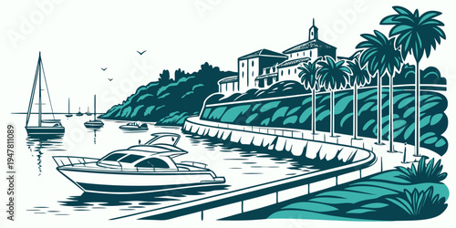 A boat dock with boats and palm trees Vector