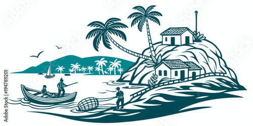 A tropical island with a house and palm trees Vector