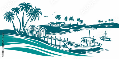 A serene coastal scene with a dock and boats Vector