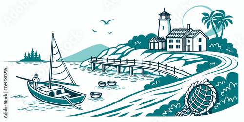 A small town by the sea with a boat and lighthouse Vector