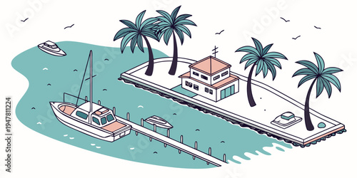 A small island with a dock and palm trees Vector