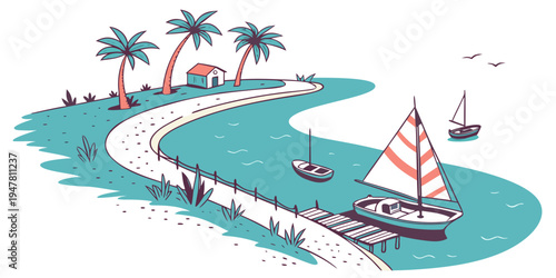 A sailboat on a tropical island with palm trees Vector