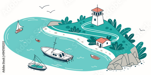 A small island with a lighthouse and boats Vector