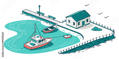 A boat dock with a house and boats Vector