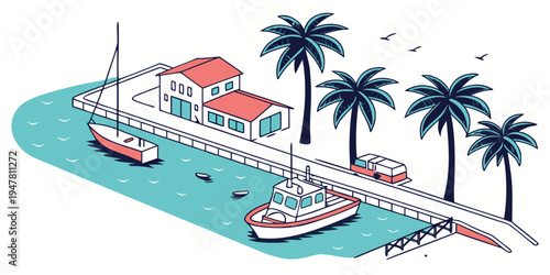 A small island with a pier and boats Vector