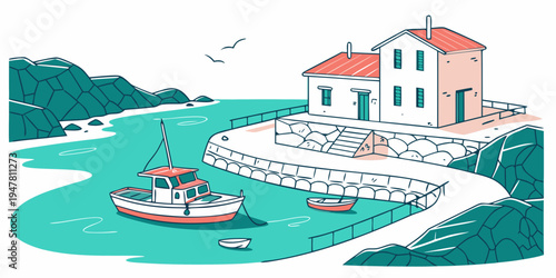 A house on a hill overlooking a small boat in the water Vector