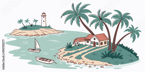 A tropical island with a house and a lighthouse Vector