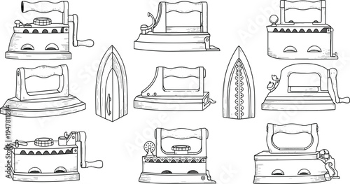 Collection of eleven vintage iron illustrations in black and white showcasing historical household appliance designs for retro vector projects