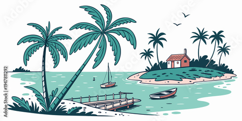 A tropical island with palm trees and a house Vector