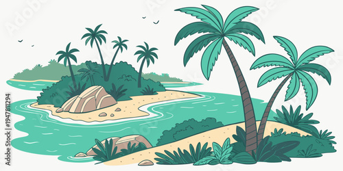 A tropical island with palm trees and sandy beach Vector