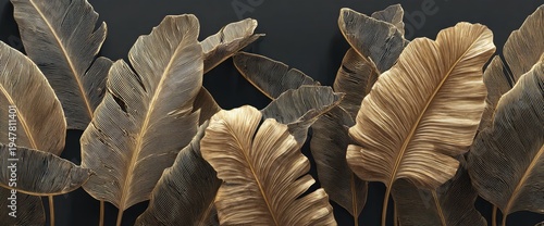 Close-up of large, textured tropical leaves in muted gold and deep green tones against a dark background.