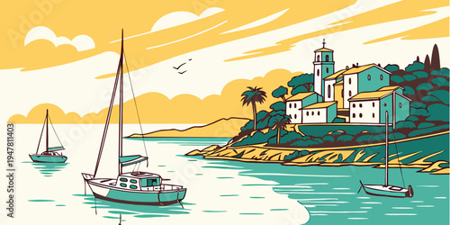 A picturesque coastal town with boats in the water Vector
