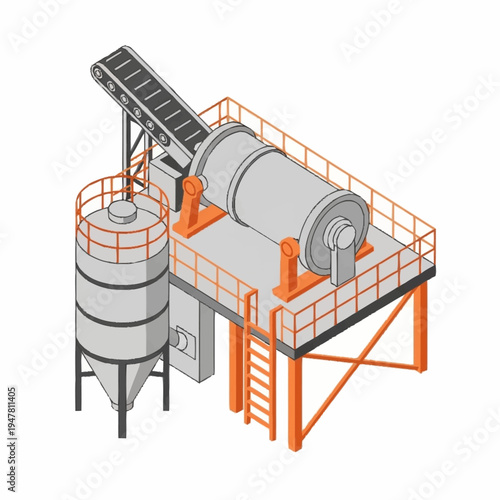 Isometric illustration of an industrial machine with conveyor belt and silo.