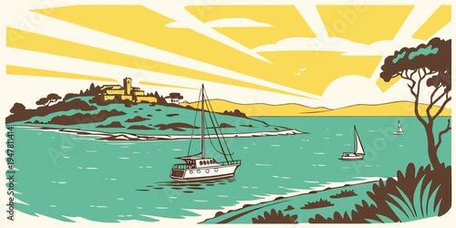 Sailboats on a body of water at sunset Vector