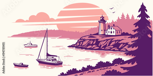 A serene landscape with a lighthouse and a sailboat Vector