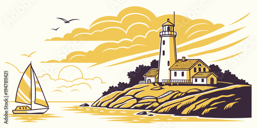 A sailboat sails near a picturesque lighthouse on a sunny day Vector