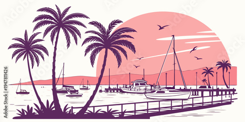 A purple illustration of a dock with palm trees at sunset Vector