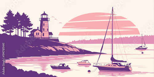 A serene lighthouse by the sea at sunset Vector