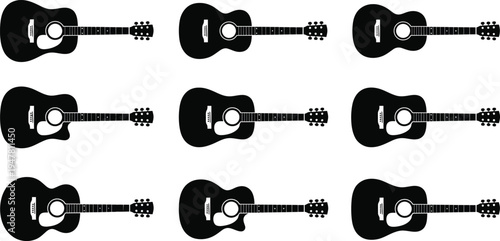 Guitar silhouettes set.Acoustic and heavy rock electric guitars musical instruments. Simple set of electric guitar vector icons for web design. Music symbols collection.  