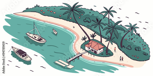A tropical island with a sandy beach and boats Vector