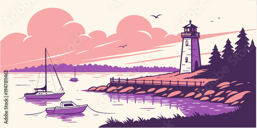 A serene lighthouse scene with boats and trees Vector