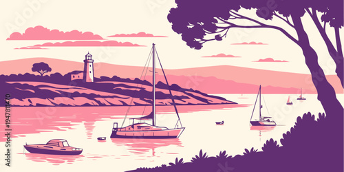A serene lake scene with boats and a tree Vector