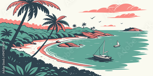 A tropical beach with palm trees and sailboats Vector