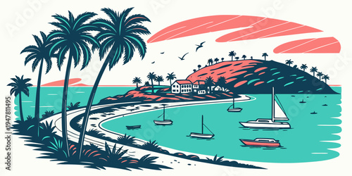 A serene tropical beach at sunset with palm trees and boats Vector