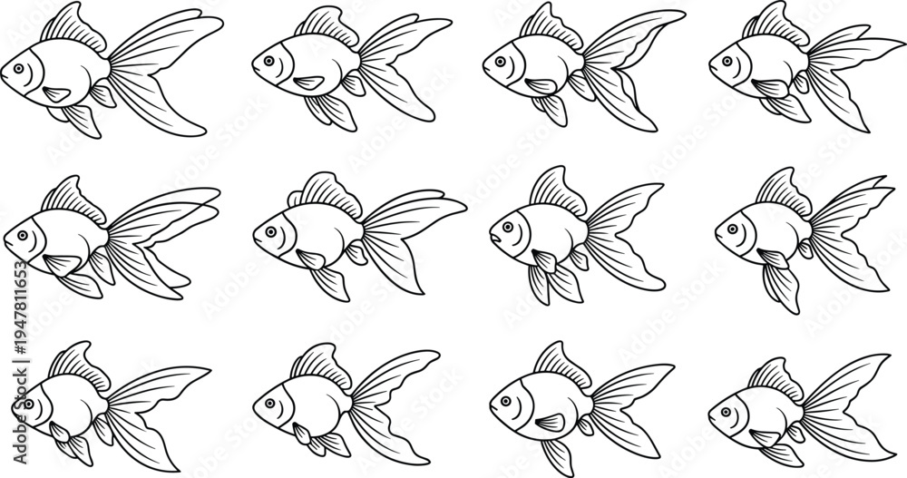 Fototapeta premium Outlined Goldfish Icon Set with Various Swimming Poses, Vector Illustrations for Aquatic, Nature, and Animal Themes