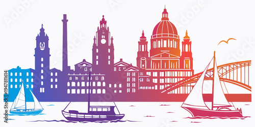 Colorful illustration of liverpool city skyline with boats Vector