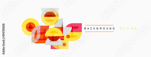 Abstract geometric shapes overlap, creating vibrant color blocks. Yellows, oranges, reds dominate design against white backdrop.