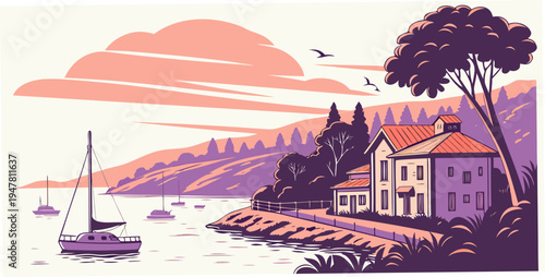 A house on a cliff overlooking a body of water with a sailboat Vector