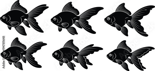 Goldfish Silhouette Icon Set with Detailed Poses, Vector Illustrations for Aquatic, Nature, and Animal Themes
