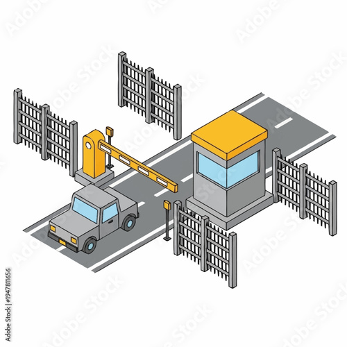 Isometric illustration of a security checkpoint with a car, barrier, and guard booth.