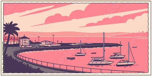 A pink sunset over a marina with boats and a palm tree Vector