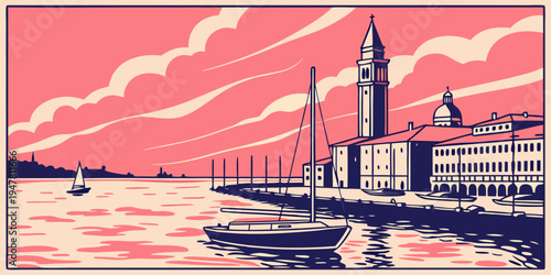 A cityscape with a tall tower by the water Vector