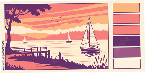 A serene lake scene with a sailboat at sunset Vector