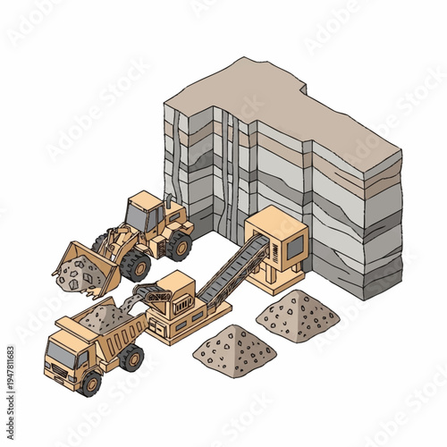 Illustration of an open-pit mine with heavy machinery extracting and processing minerals.