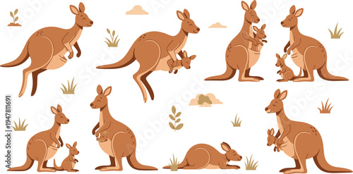 Set of eight cartoon kangaroo illustrations with joeys and natural background elements for wildlife and educational vector design projects