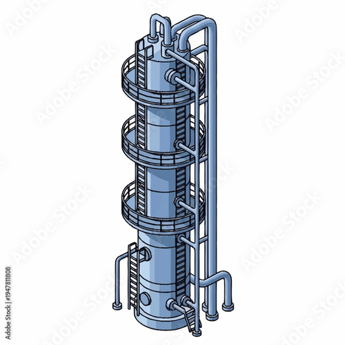 Isometric illustration of a tall industrial distillation column with pipes and platforms.