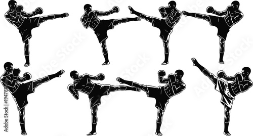 Martial Artist High Kick Silhouette Icon Set in Action Poses, Vector Illustrations for Combat Sports, Training, and Fitness Designs