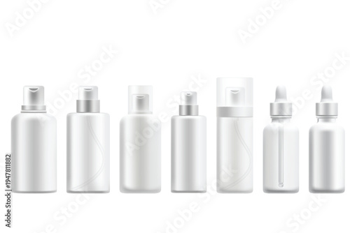 Cosmetic serum dropper bottle mockup set, skincare product packaging design, clean white mat clear glass, nude gray glowing cap. Beauty spa isolated, transparent background.