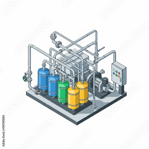 Isometric illustration of an industrial water treatment plant with tanks and pipes.
