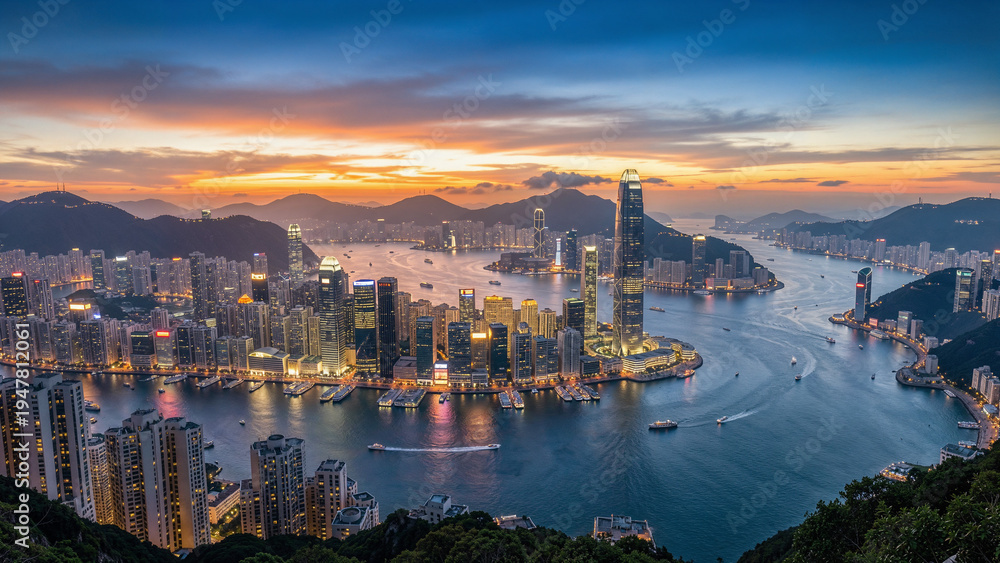 Naklejka premium Panoramic view of Hong Kong skyline during sunset over harbor