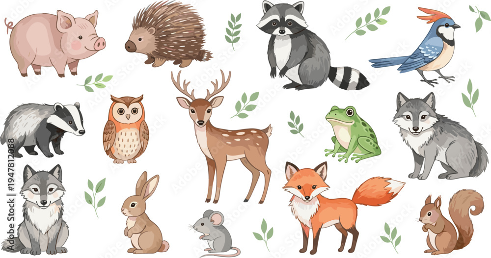 Fototapeta premium Forest Woodland Animals Collection Fox Deer Owl Raccoon Vector Illustration Set