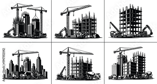 Black and white vector illustration set of construction sites featuring tall cranes, excavators, concrete mixers and skyscraper buildings under development for industry