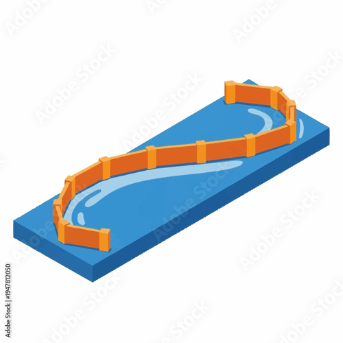 An abstract illustration of an orange barrier creating a serpentine path on a blue surface, possibly representing a water channel or a flow control system.